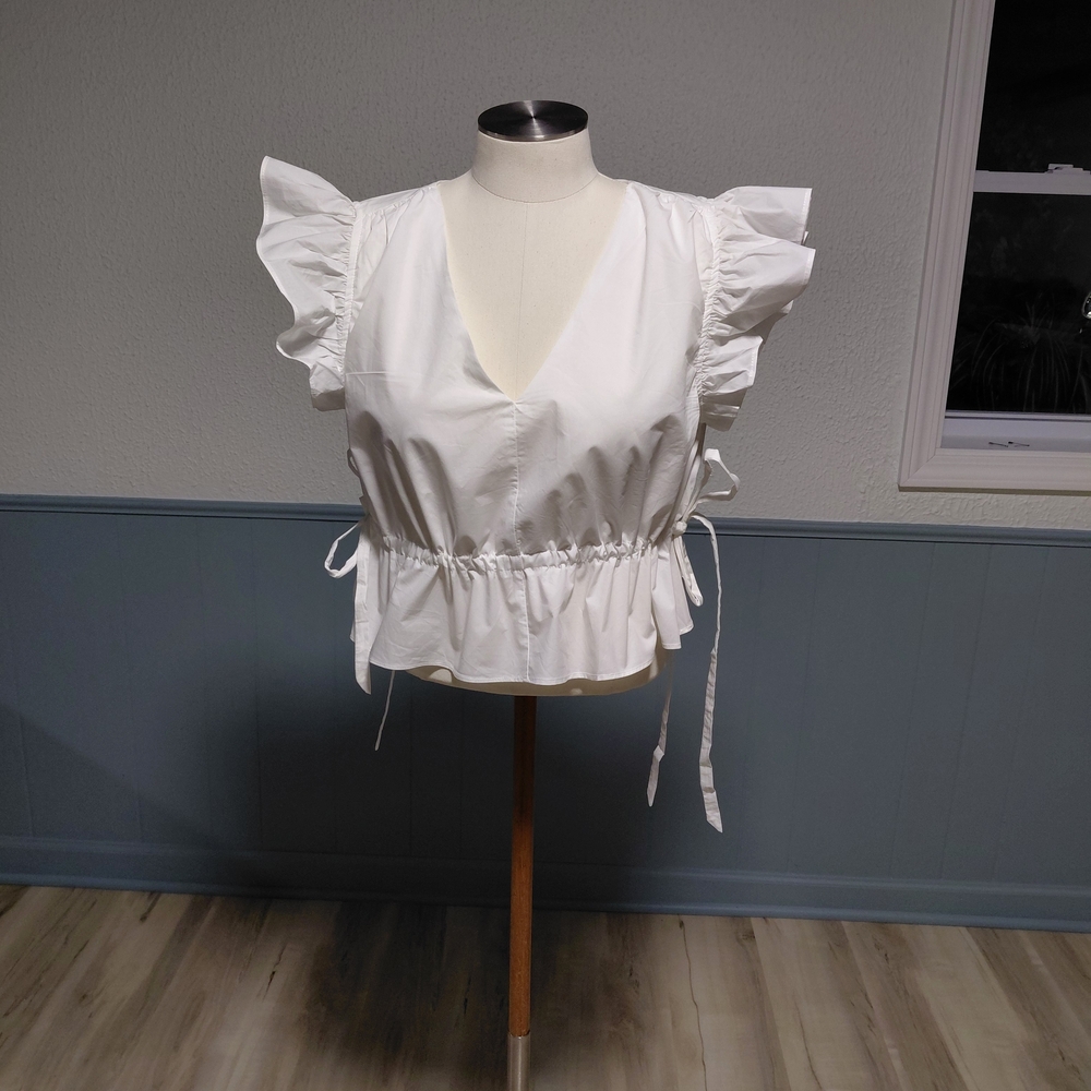 En Saison White Ruffle Sleeve V-Neck Drawstring Peplum Top